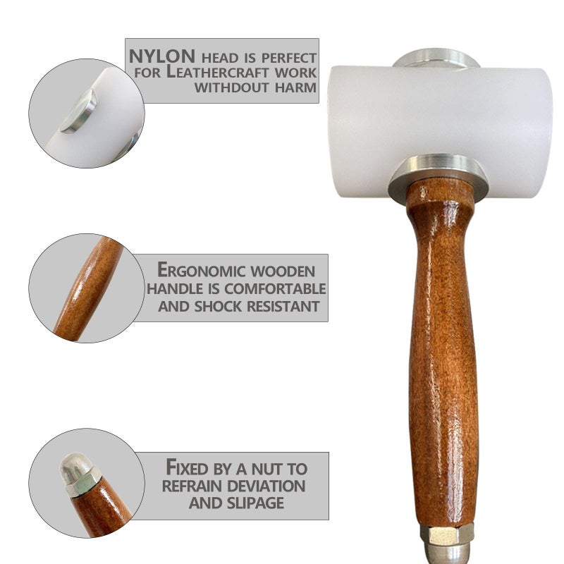 Evwoge Rubber Hammer Mallet for Leatherwork Leather Carving Cowhide Sew DIY Leathercraft Wooden Mallet Wood Handle (T-Head) - Image 3
